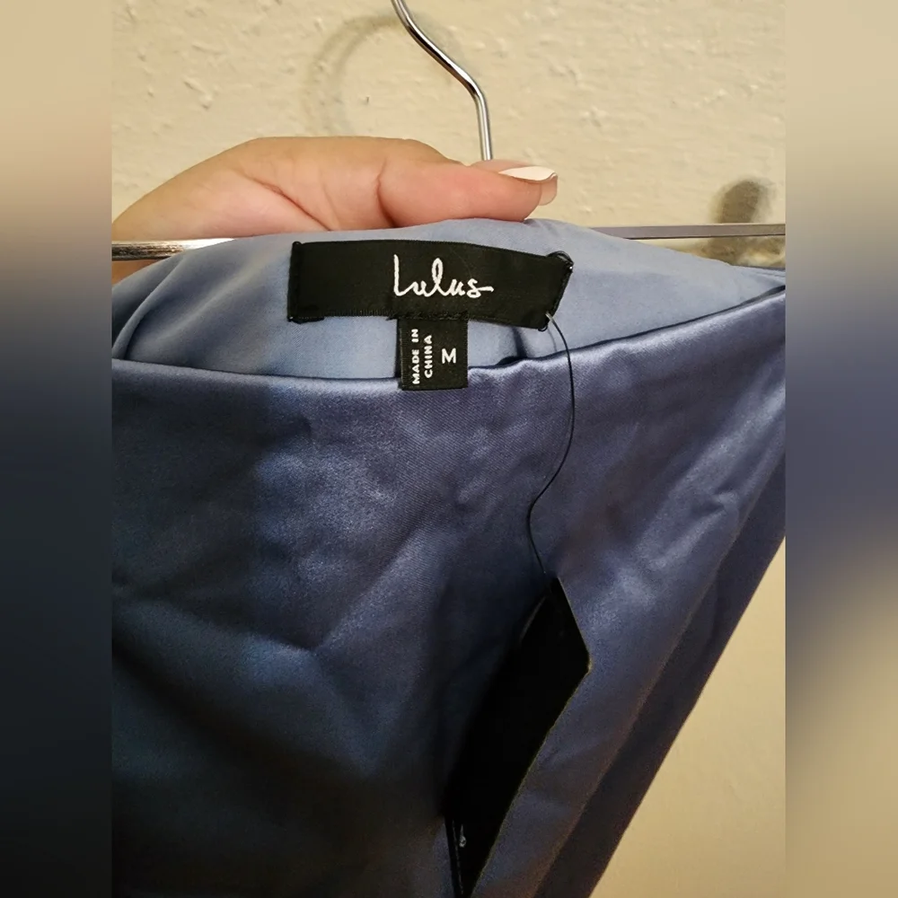 Lulus Demure Sweetie Slate Blue Satin Strapless Two-Piece Midi Dress M Wedding - Picture 7 of 10